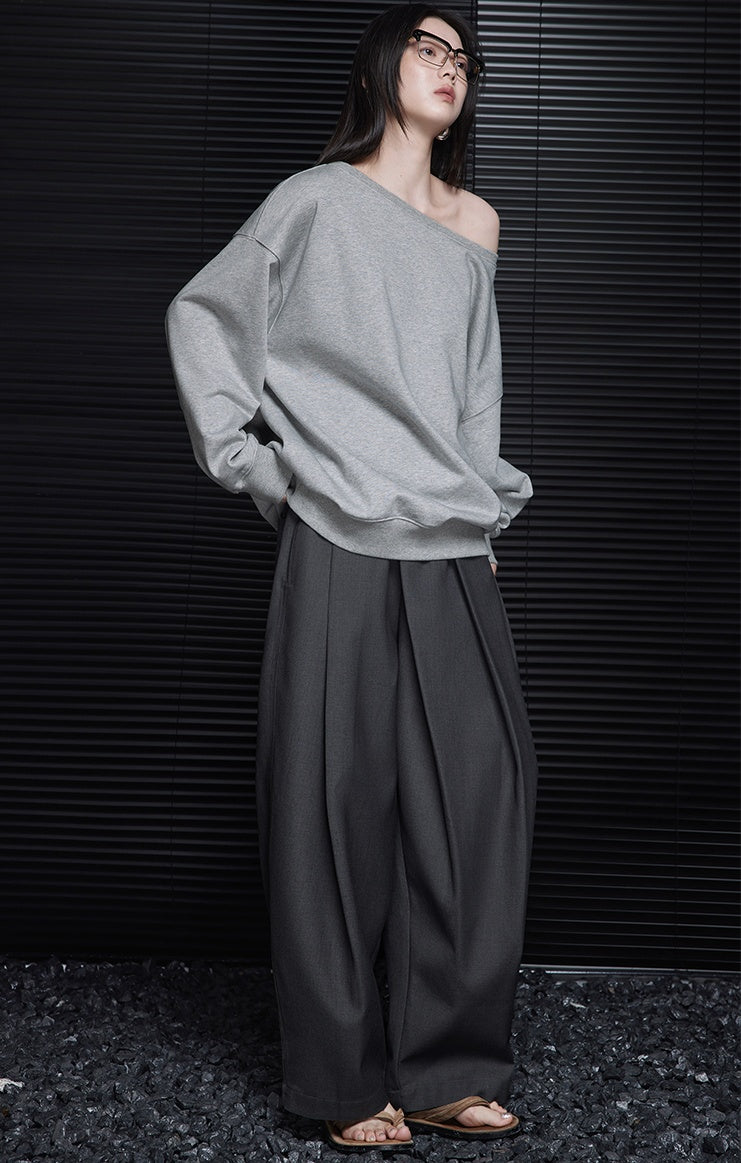 Gray Loose Tucked Pants_BDHL6432