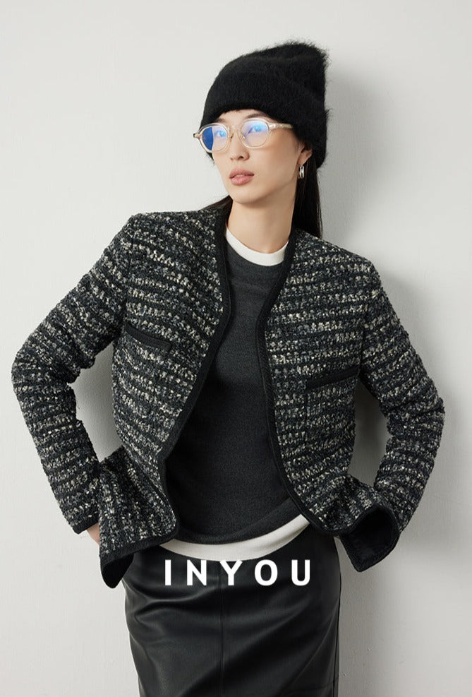 V-neck wavy tweed jacket and skirt_BDHL5302