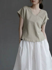 Dropped Shoulders U-Neck Thin T-Shirt_BDHL6079