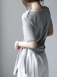 Swing Collar Side Lace Tencel Short Sleeve T-Shirt_BDHL7300