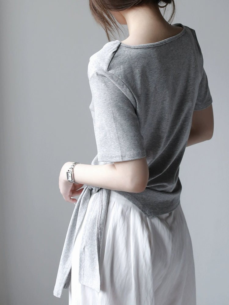 Swing Collar Side Lace Tencel Short Sleeve T-Shirt_BDHL7300