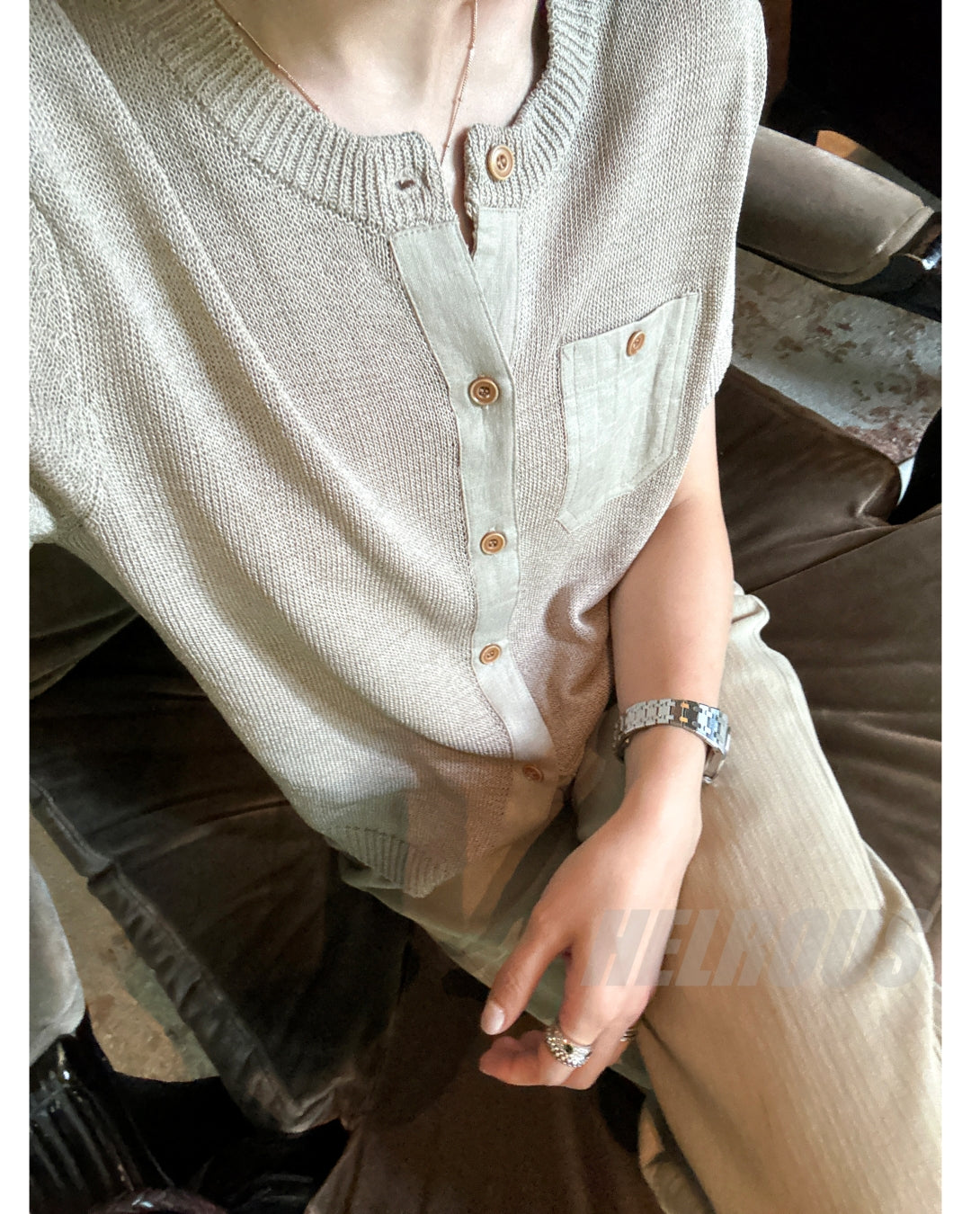 Linen-Trim Short-Sleeve Knit Cardigan_BDHL8332