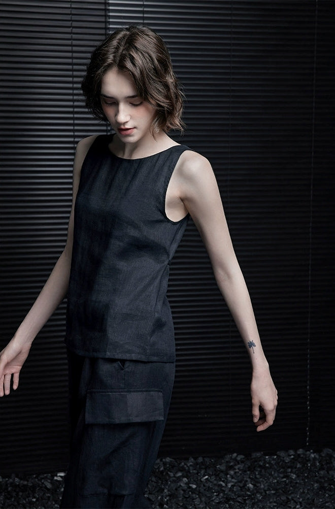 Sleeveless Round Neck Linen Top_BDHL7323