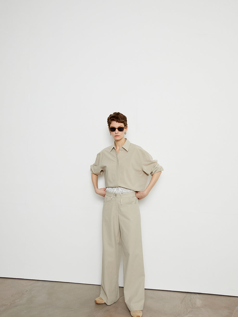 Drape double waist floor length pants_BDHL5799
