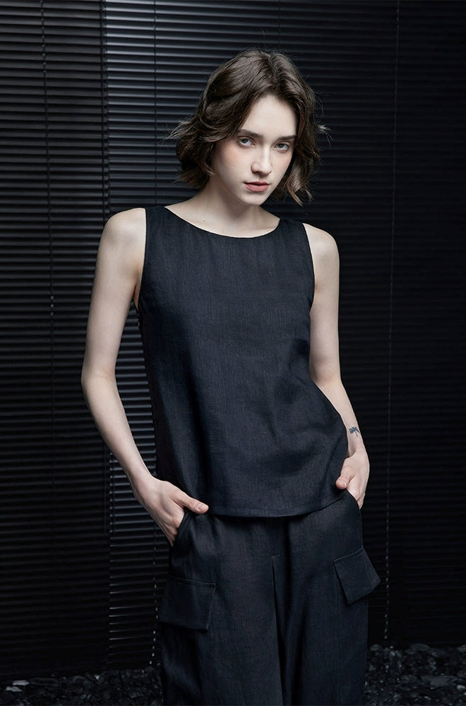 Sleeveless Round Neck Linen Top_BDHL7323