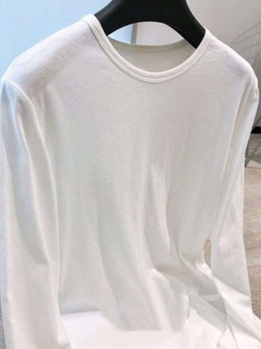 Simple Basic Cotton White Long Sleeve T-Shirt_BDHL5803 - HELROUS