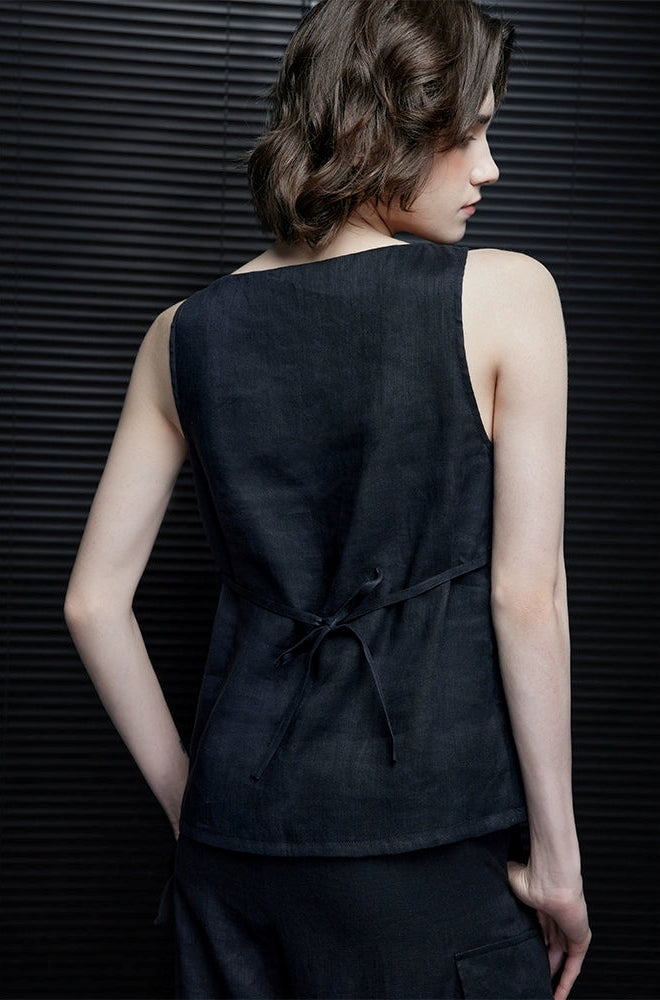 Sleeveless Round Neck Linen Top_BDHL7323