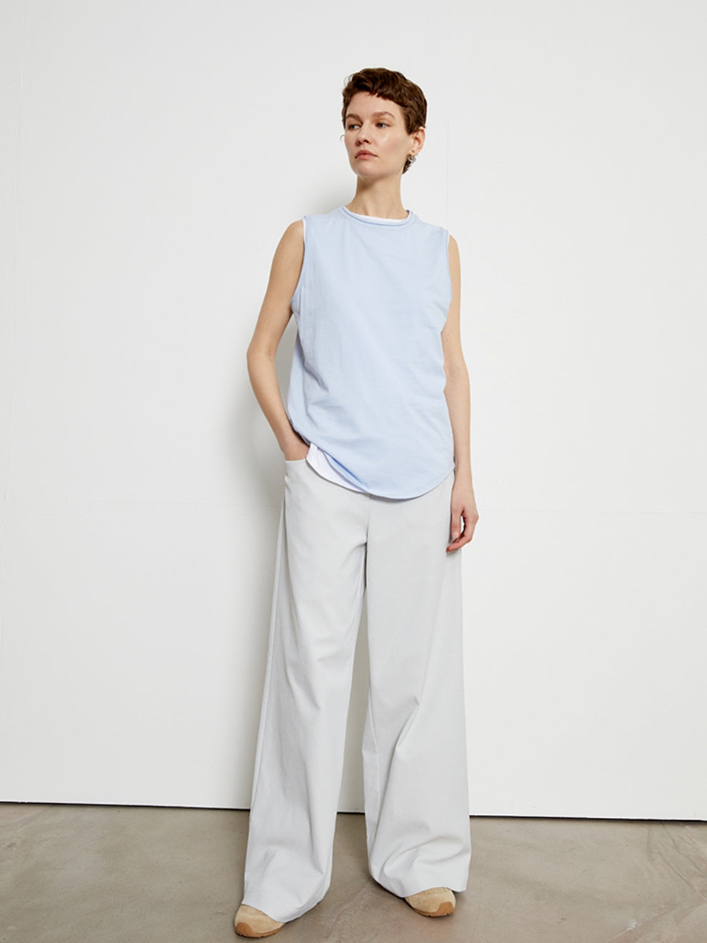 Drape double waist floor length pants_BDHL5799