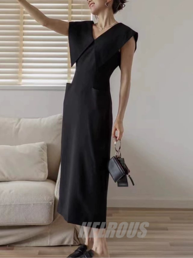 Big Collar Black Sleeveless Dress_BDHL7570