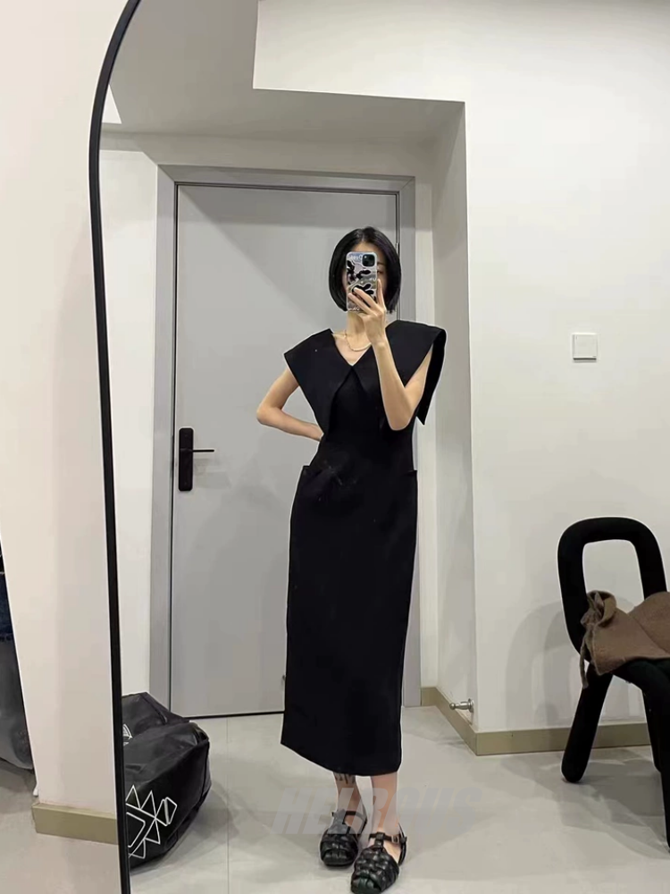 Big Collar Black Sleeveless Dress_BDHL7570