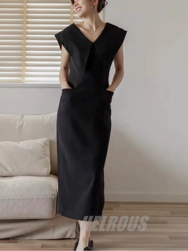 Big Collar Black Sleeveless Dress_BDHL7570