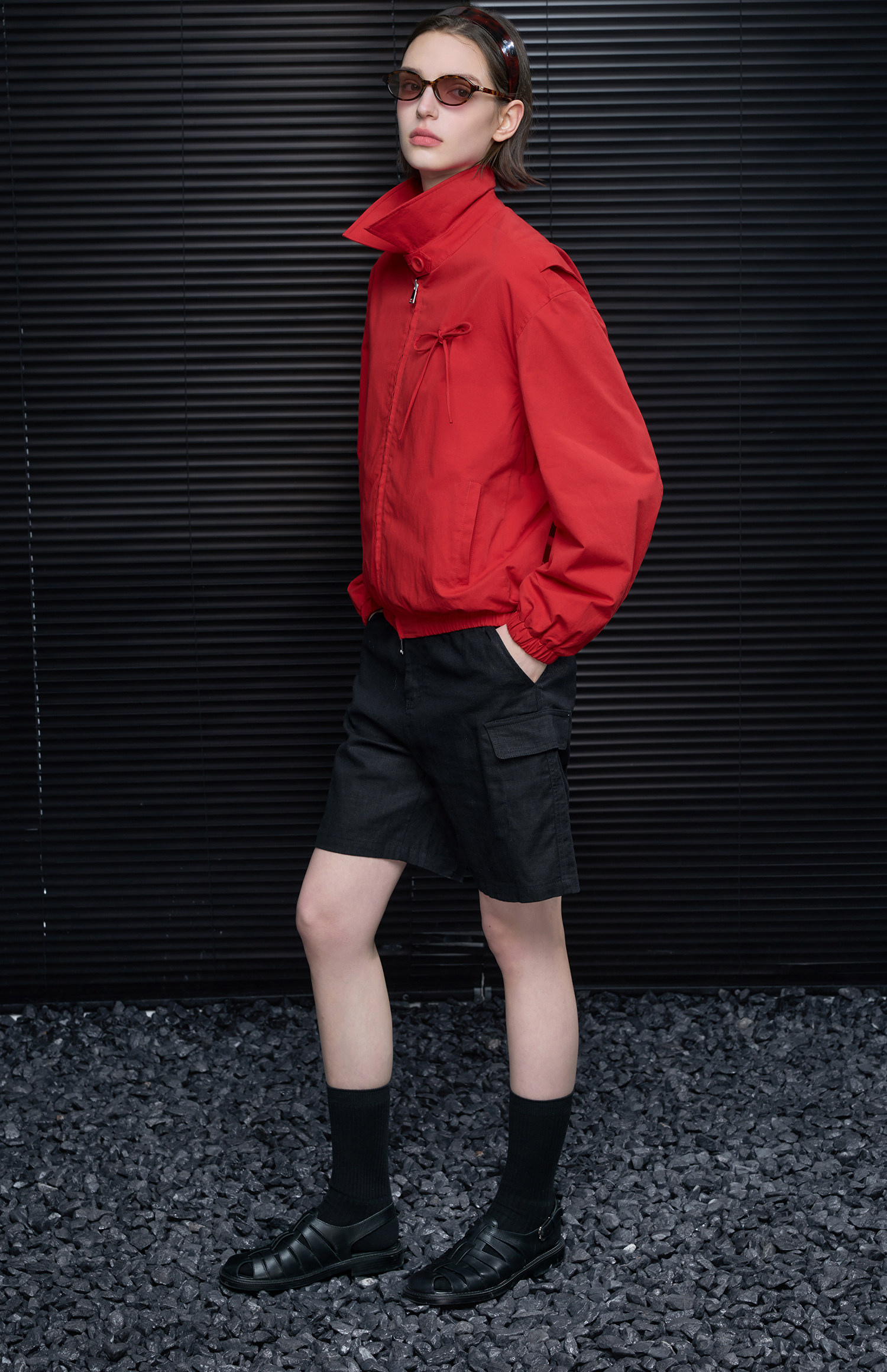 Bow Ribbon Stand Collar Blouson_BDHL8183