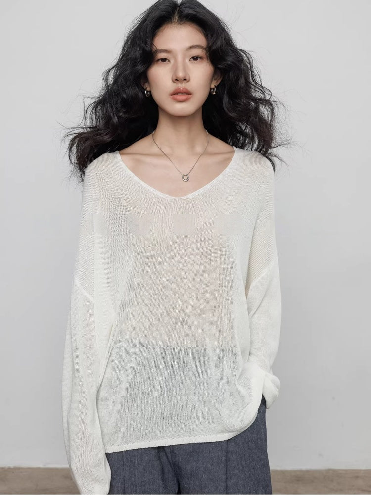 Spring V-neck Tencel Linen Relaxed Knit Sweater_BDHL8206