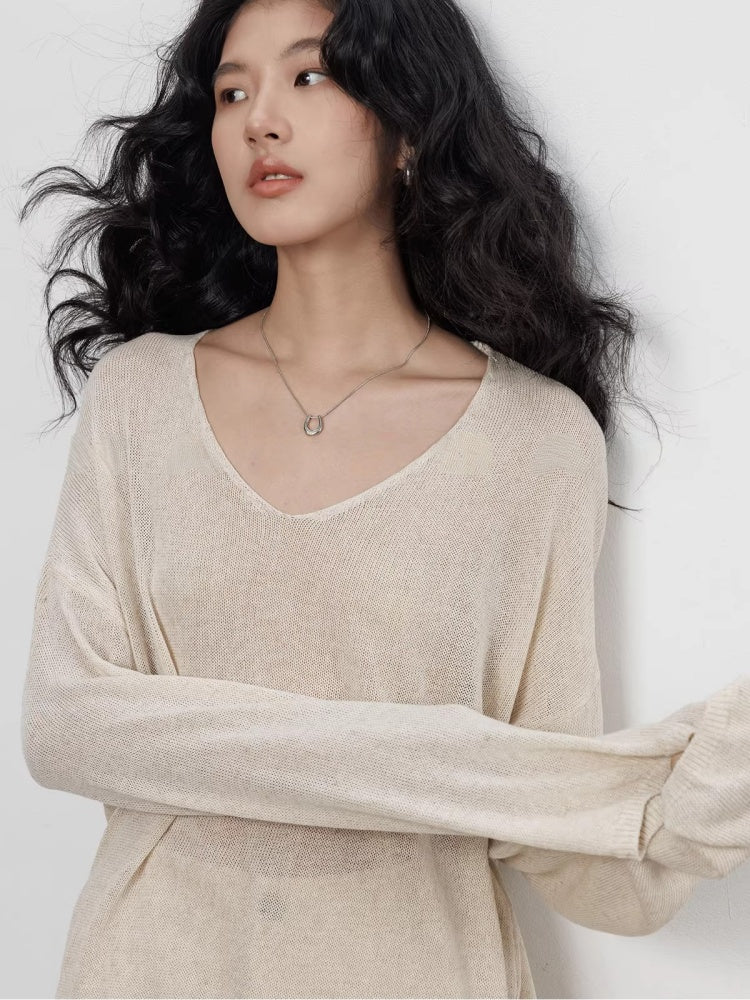 Spring V-neck Tencel Linen Relaxed Knit Sweater_BDHL8206