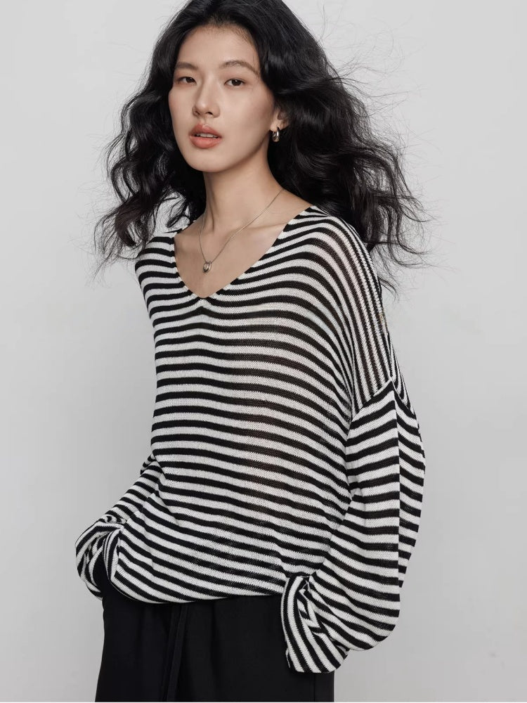 Spring V-neck Tencel Linen Relaxed Knit Sweater_BDHL8206