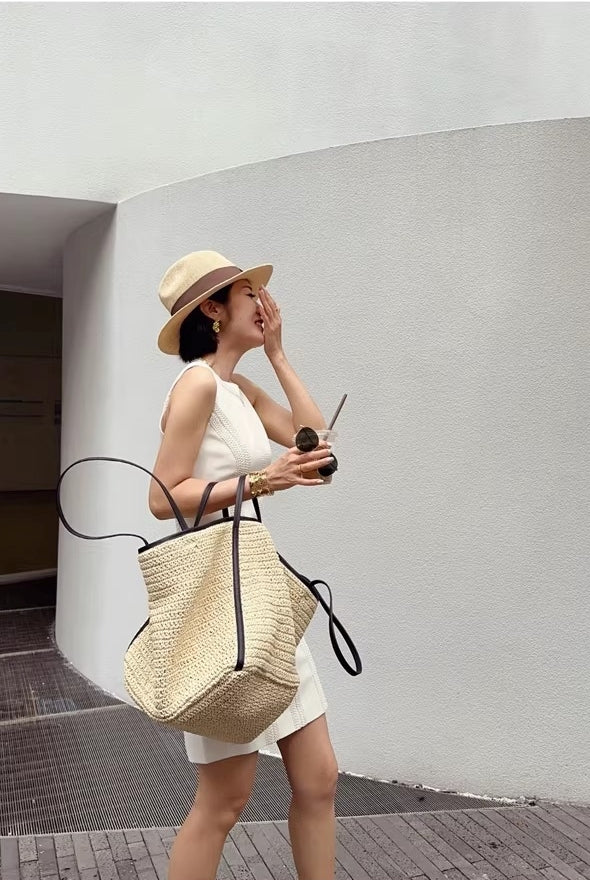 Leather strap contrast color woven bag_BDHL5800