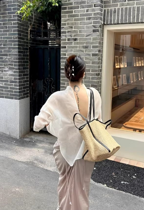 Leather strap contrast color woven bag_BDHL5800