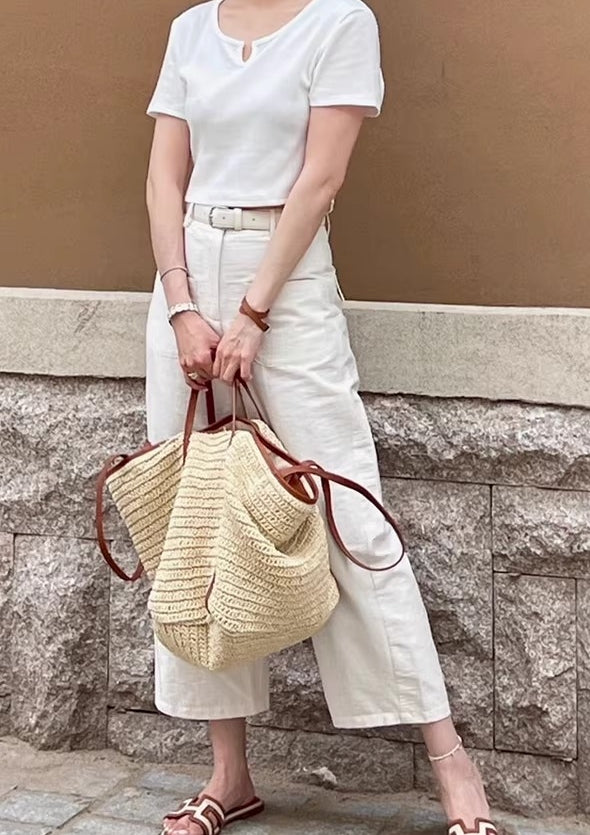 Leather strap contrast color woven bag_BDHL5800
