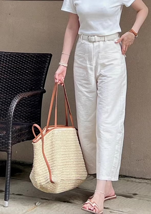 Leather strap contrast color woven bag_BDHL5800