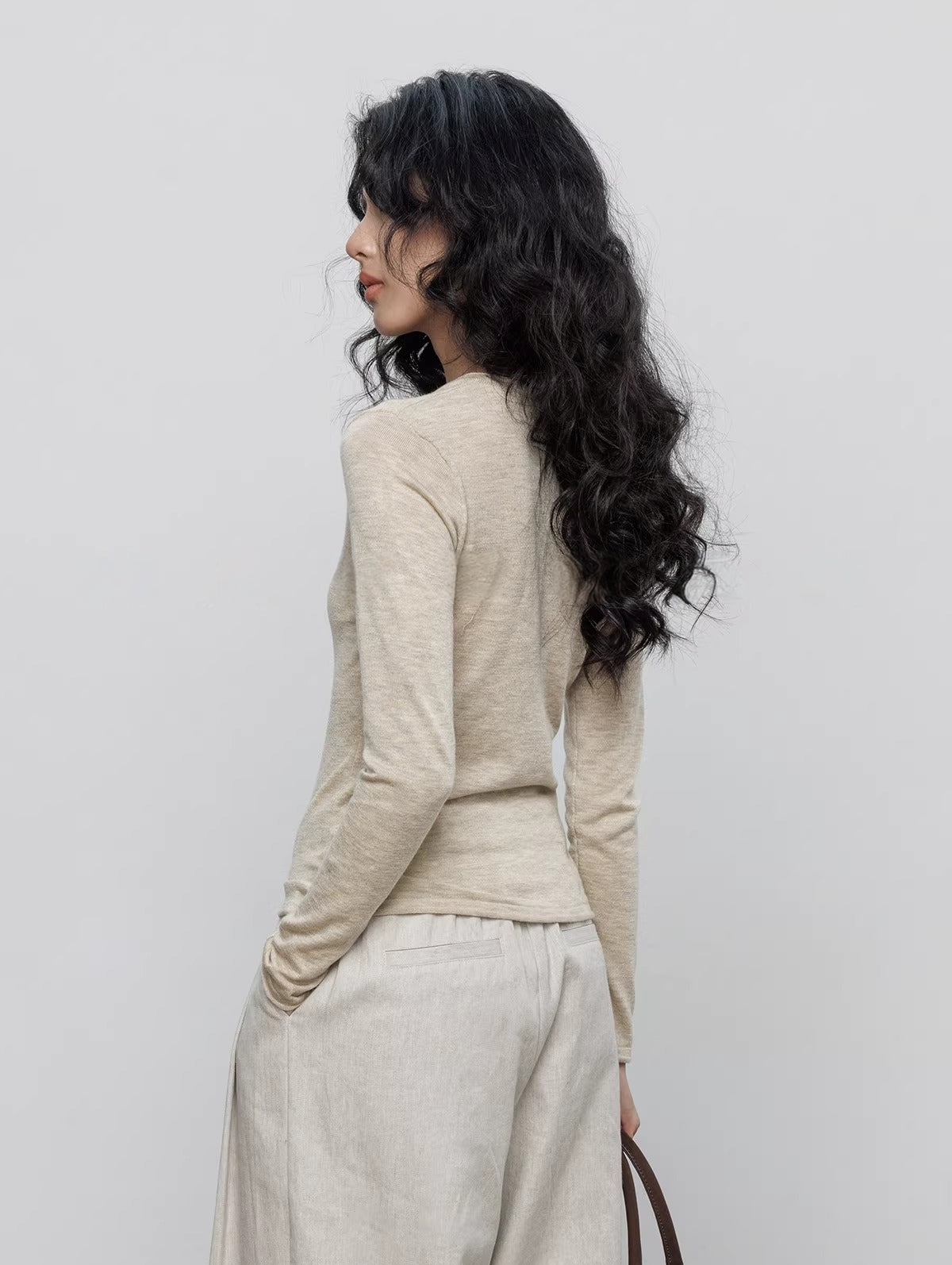 Spring Henley Neck Long Sleeve Knitted Top_BDHL8205