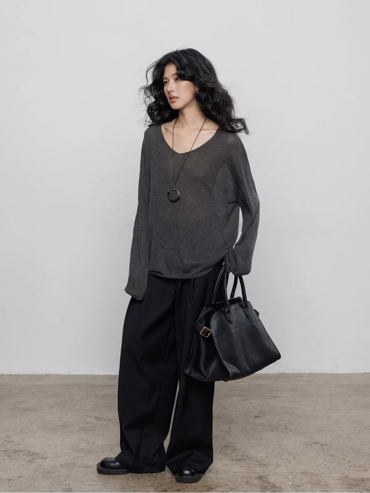 Spring V-neck Tencel Linen Relaxed Knit Sweater_BDHL8206