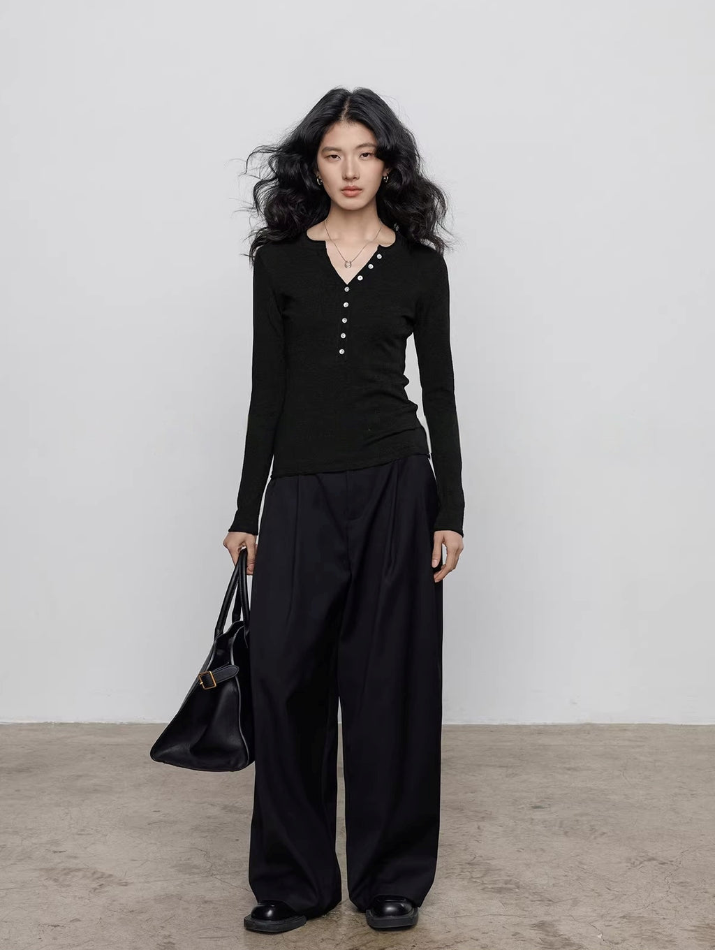 Spring Henley Neck Long Sleeve Knitted Top_BDHL8205