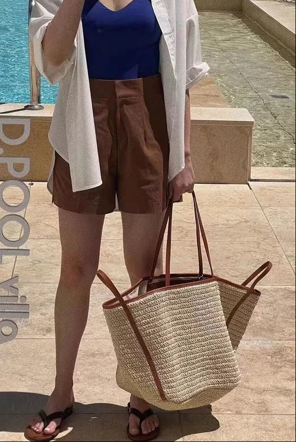 Leather strap contrast color woven bag_BDHL5800