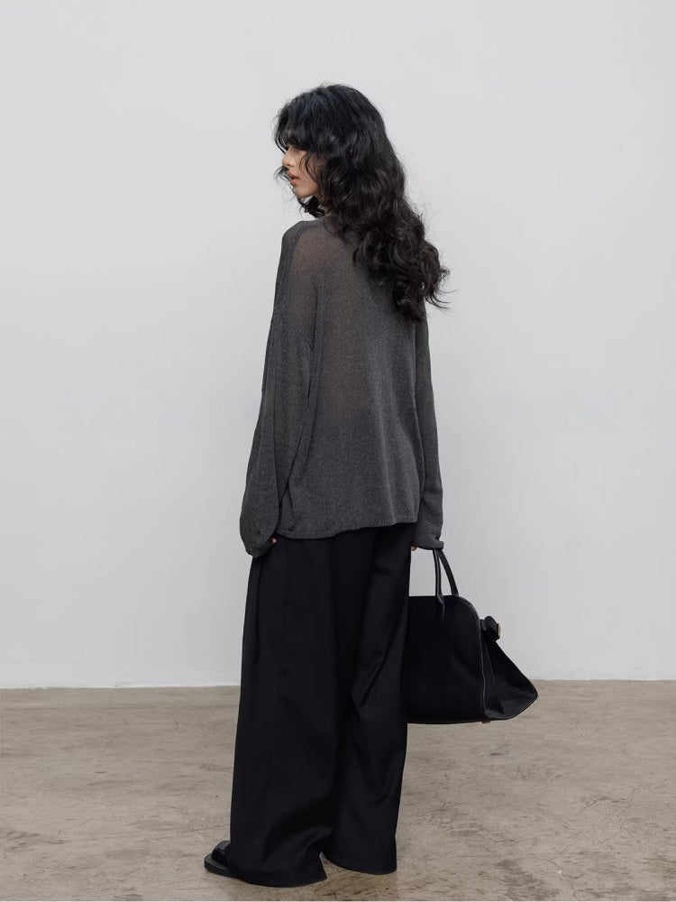 Spring V-neck Tencel Linen Relaxed Knit Sweater_BDHL8206