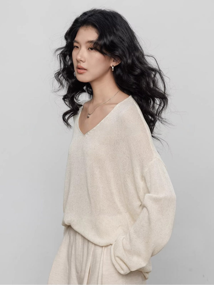 Spring V-neck Tencel Linen Relaxed Knit Sweater_BDHL8206