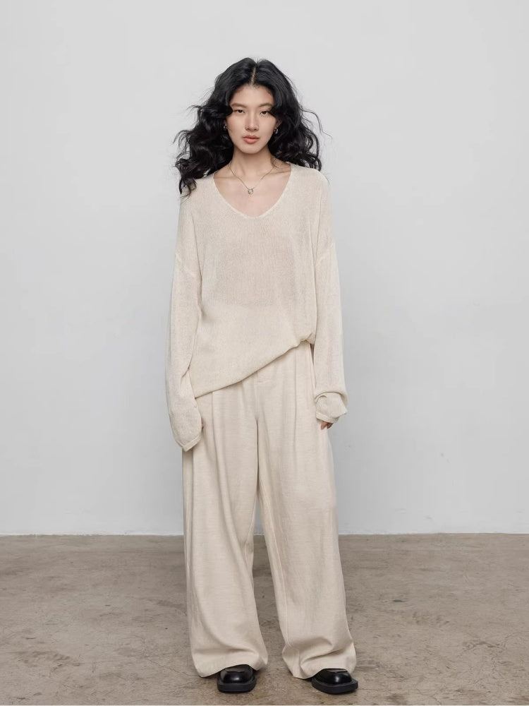 Spring V-neck Tencel Linen Relaxed Knit Sweater_BDHL8206