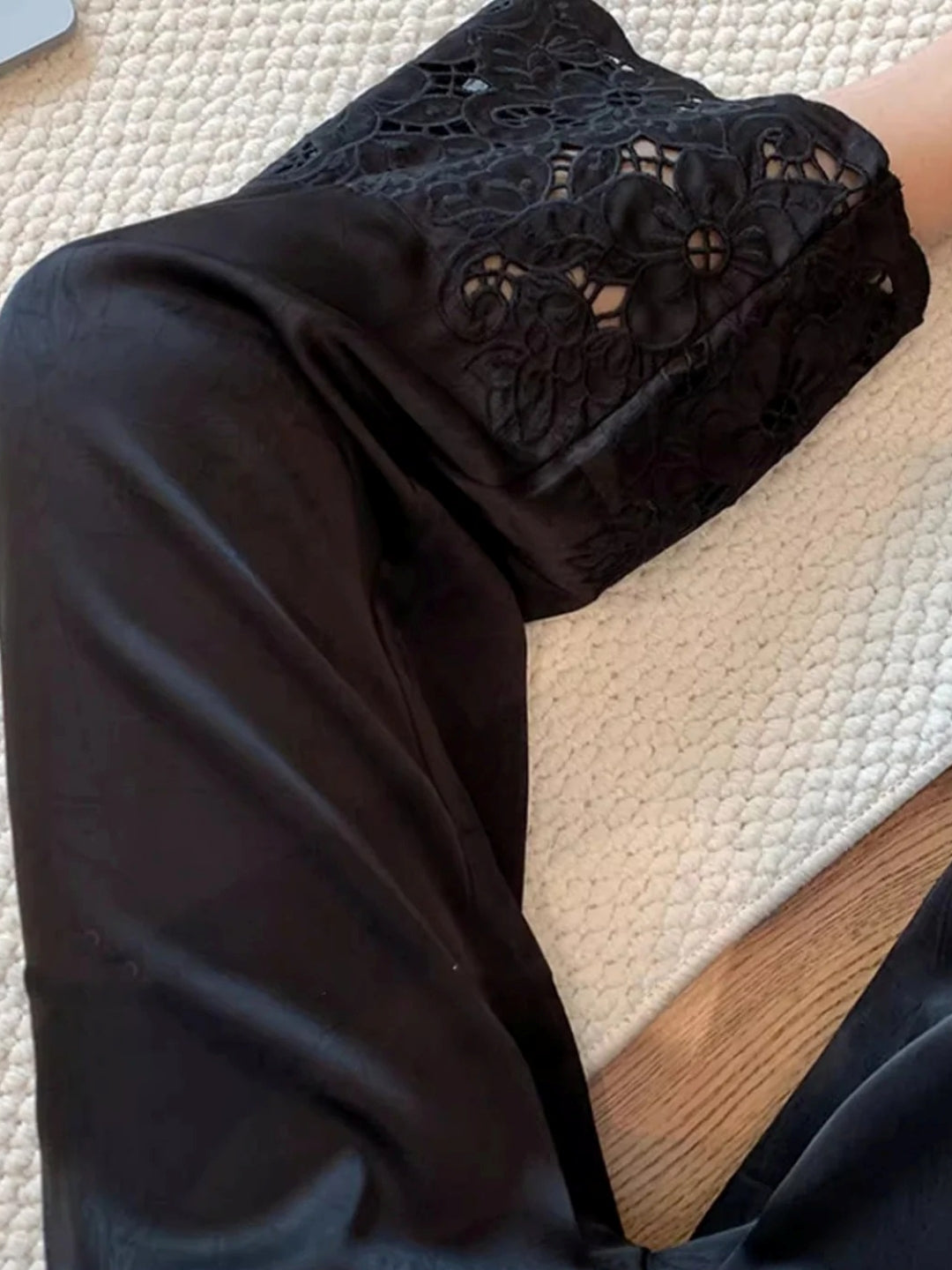 Floral Lace Cuff Satin Pants_BDHL8251