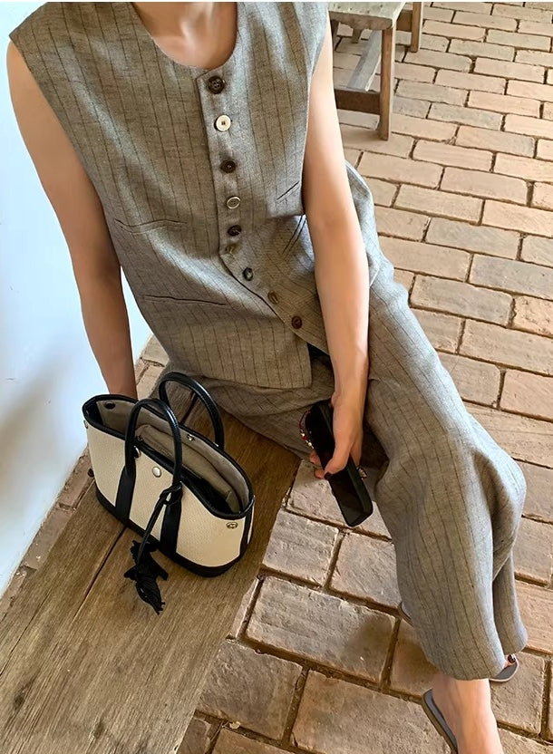 Linen Tencel Vest and Wide Leg Pants_BDHL8211