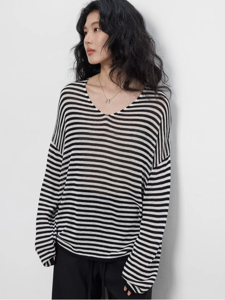 Spring V-neck Tencel Linen Relaxed Knit Sweater_BDHL8206