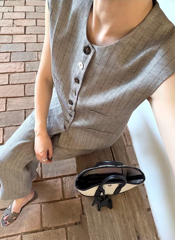 Linen Tencel Vest and Wide Leg Pants_BDHL8211