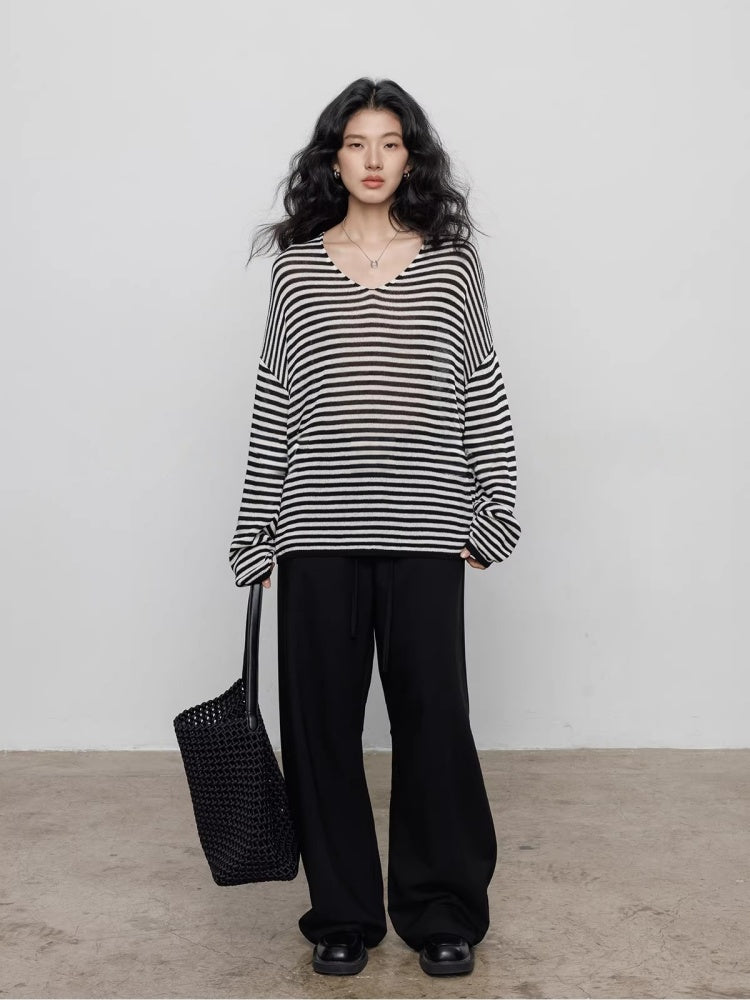 Spring V-neck Tencel Linen Relaxed Knit Sweater_BDHL8206