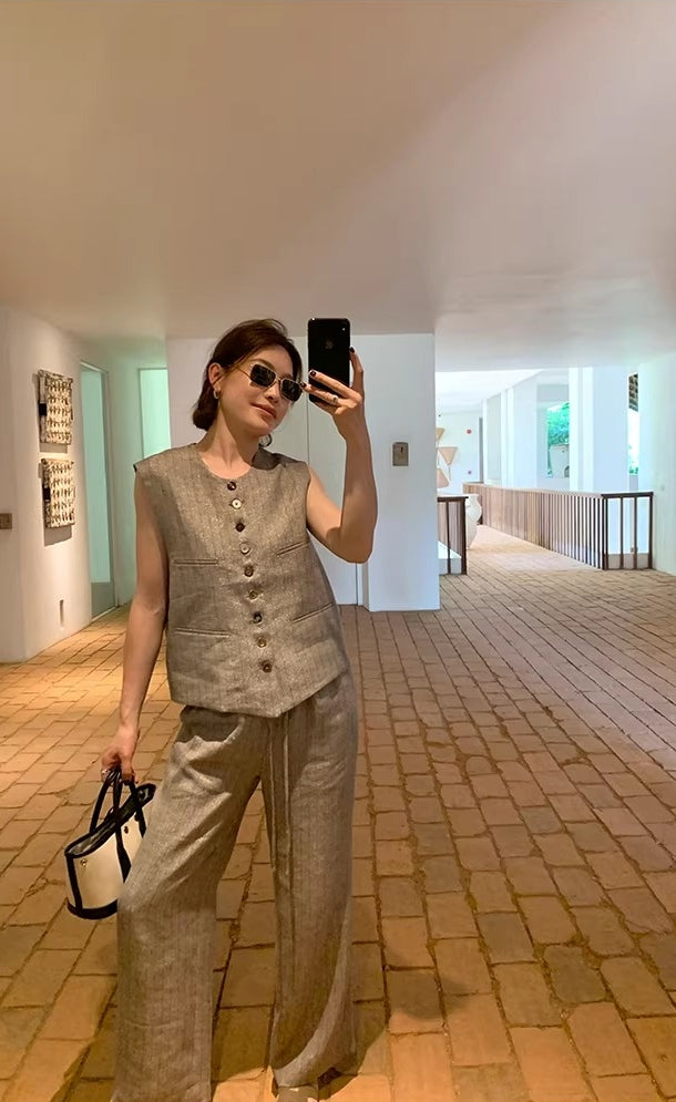 Linen Tencel Vest and Wide Leg Pants_BDHL8211