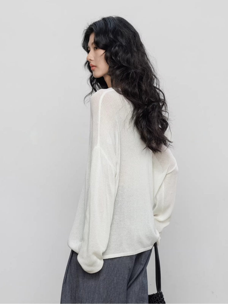 Spring V-neck Tencel Linen Relaxed Knit Sweater_BDHL8206