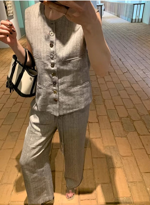 Linen Tencel Vest and Wide Leg Pants_BDHL8211