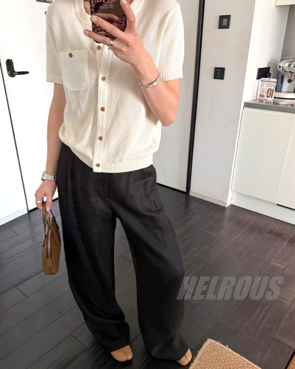 Linen-Trim Short-Sleeve Knit Cardigan_BDHL8332