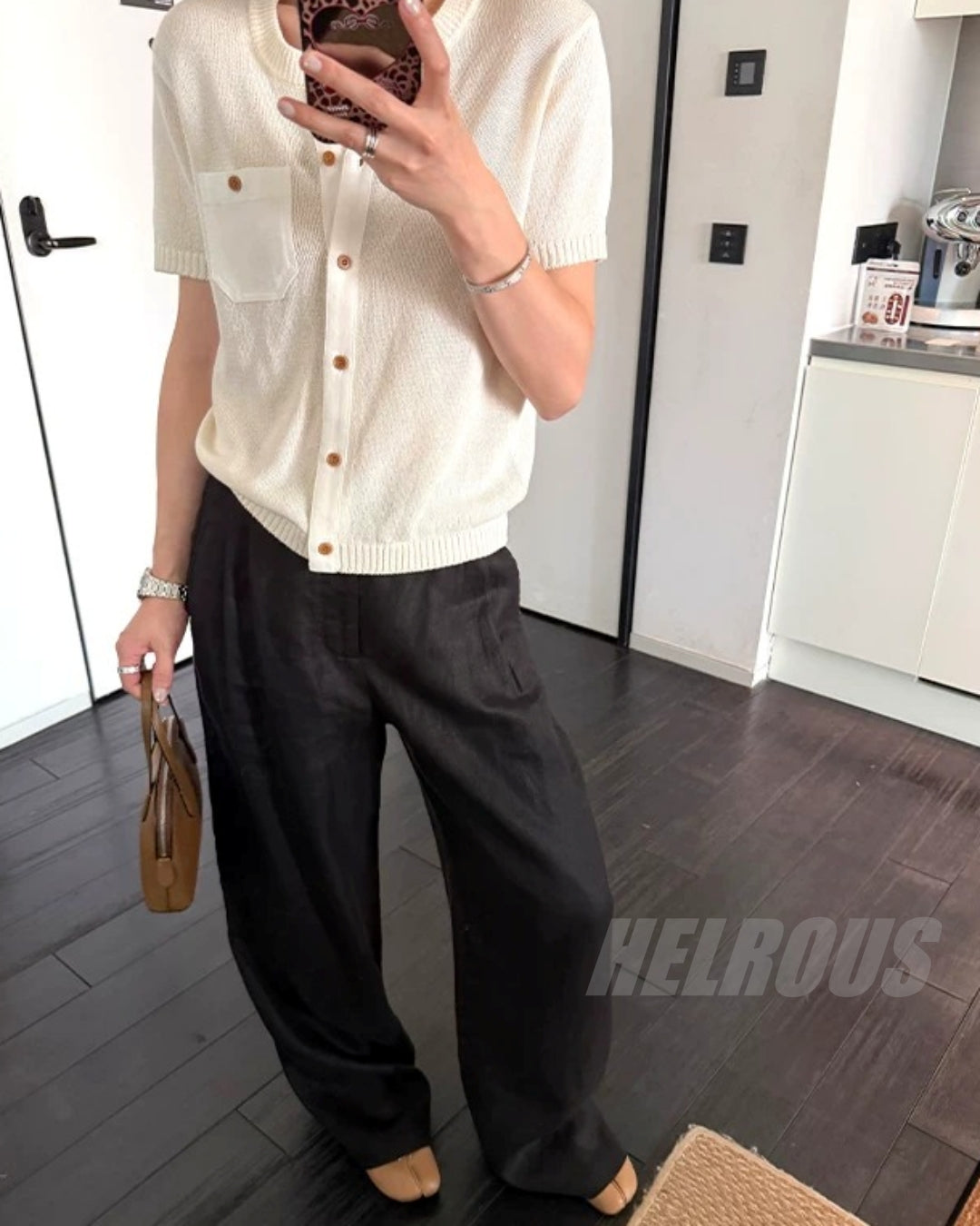 Linen-Trim Short-Sleeve Knit Cardigan_BDHL8332