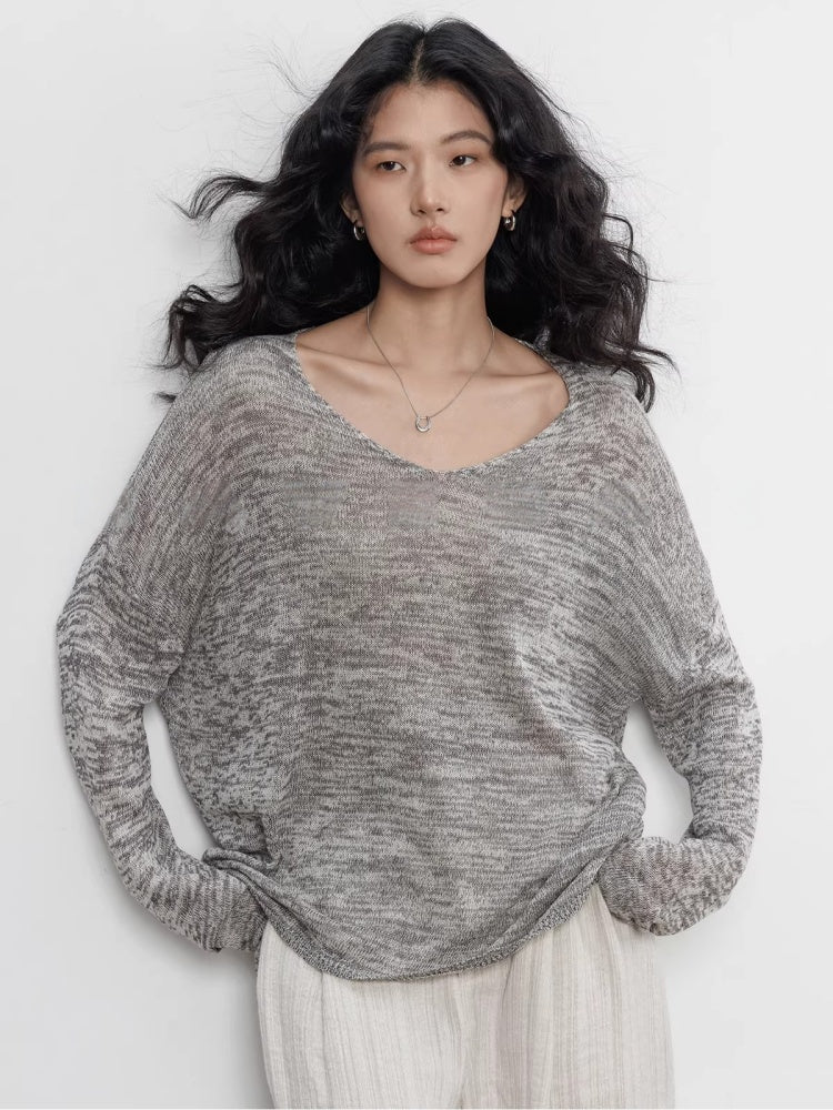 Spring V-neck Tencel Linen Relaxed Knit Sweater_BDHL8206