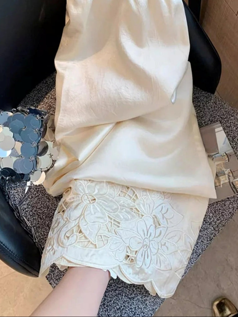 Floral Lace Cuff Satin Pants_BDHL8251