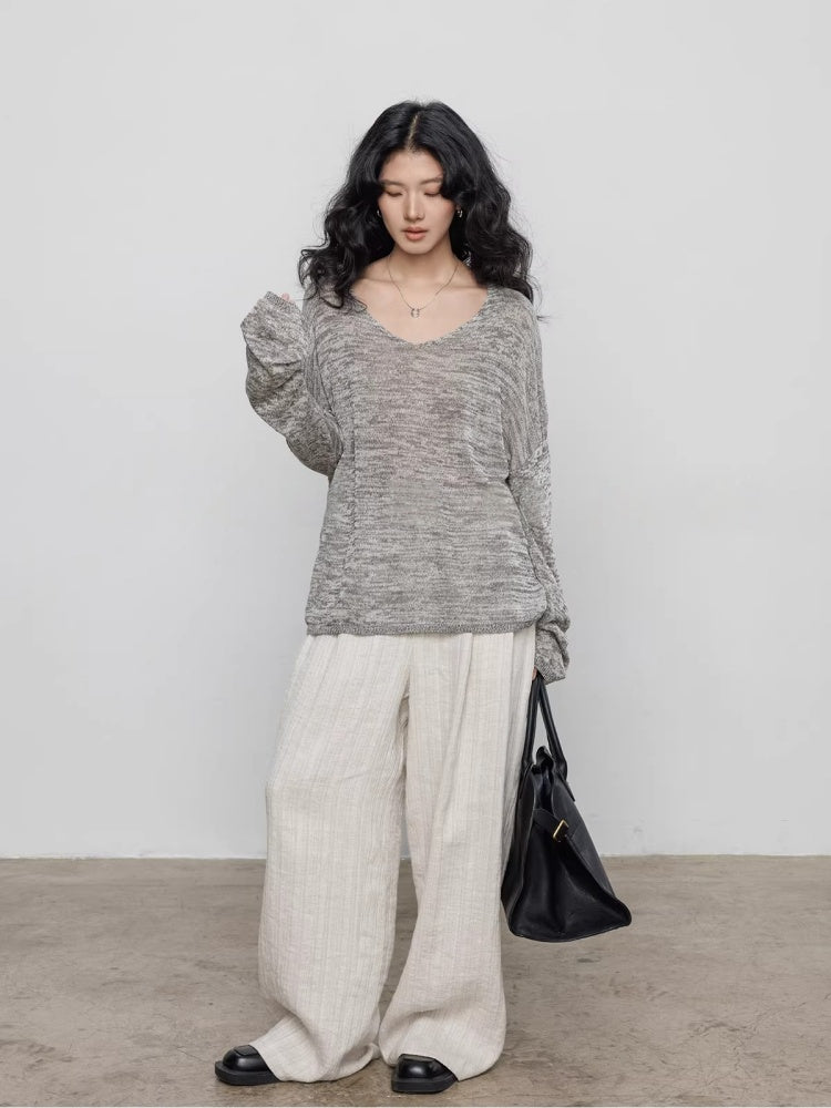 Spring V-neck Tencel Linen Relaxed Knit Sweater_BDHL8206