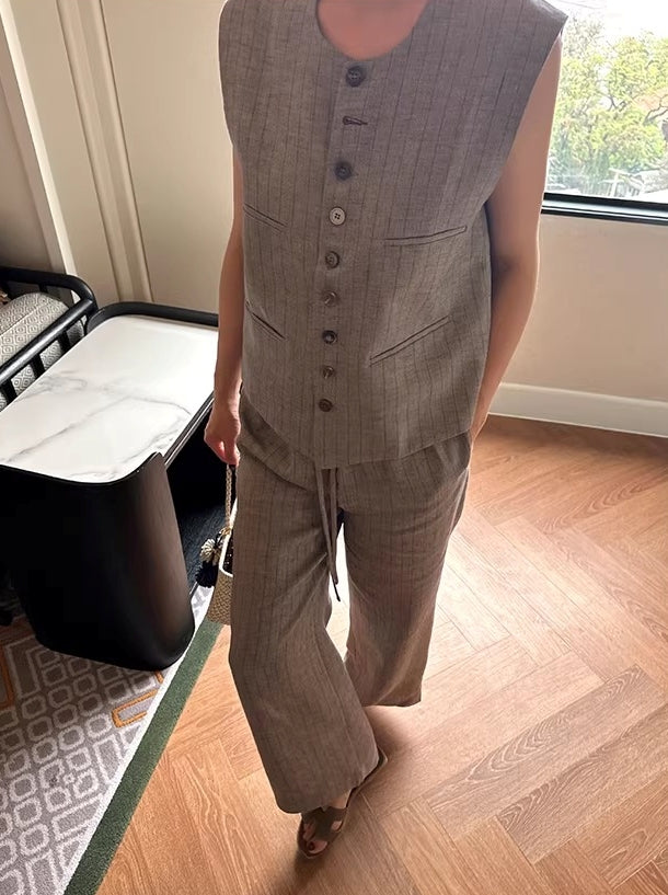 Linen Tencel Vest and Wide Leg Pants_BDHL8211