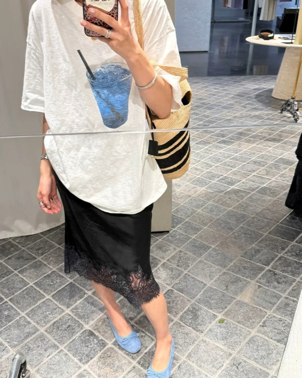Acetate Satin Lace-Hem Midi Skirt_BDHL8330