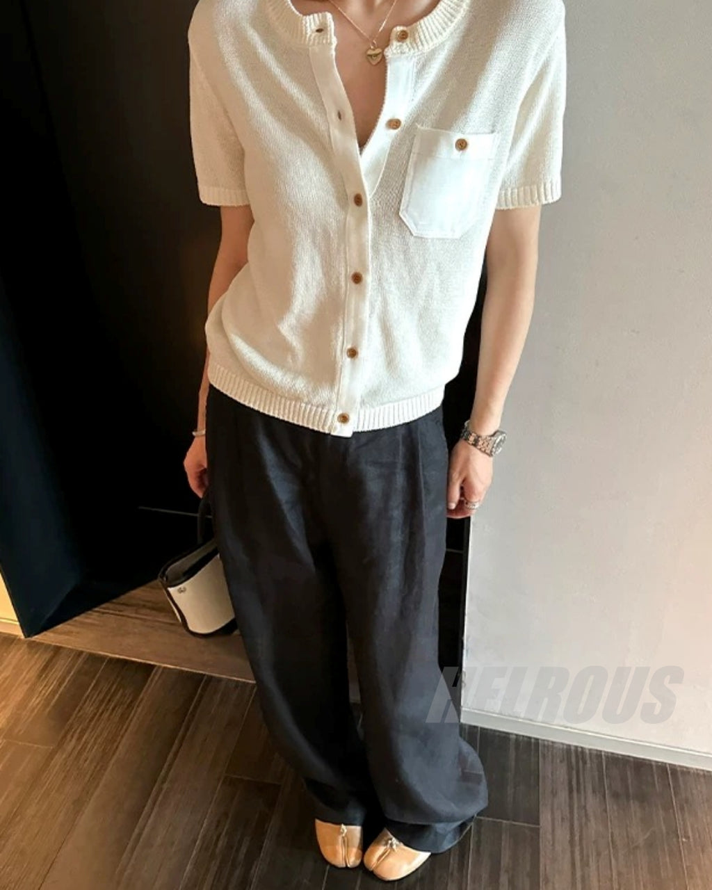 Linen-Trim Short-Sleeve Knit Cardigan_BDHL8332