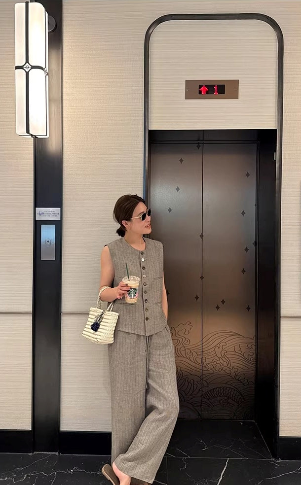 Linen Tencel Vest and Wide Leg Pants_BDHL8211