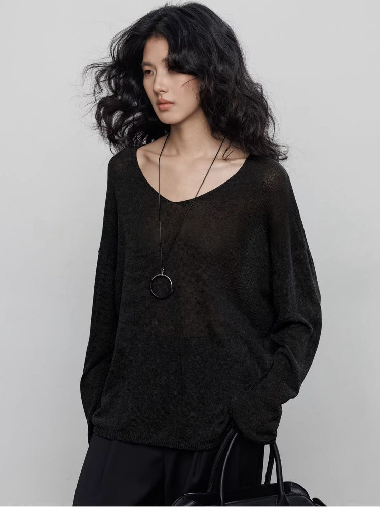 Spring V-neck Tencel Linen Relaxed Knit Sweater_BDHL8206