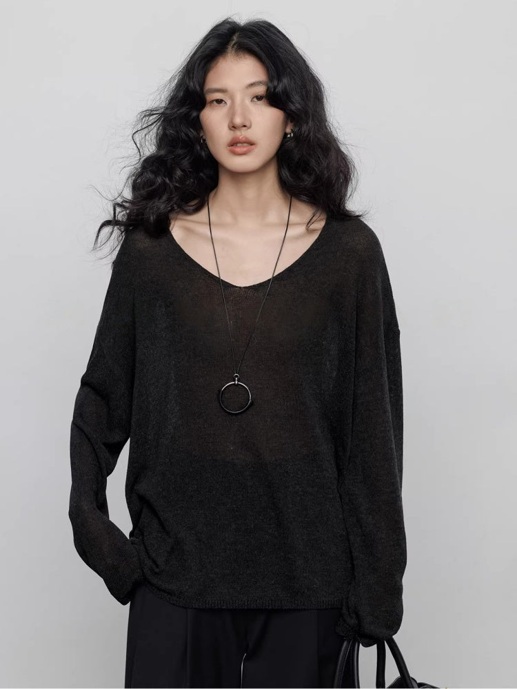 Spring V-neck Tencel Linen Relaxed Knit Sweater_BDHL8206