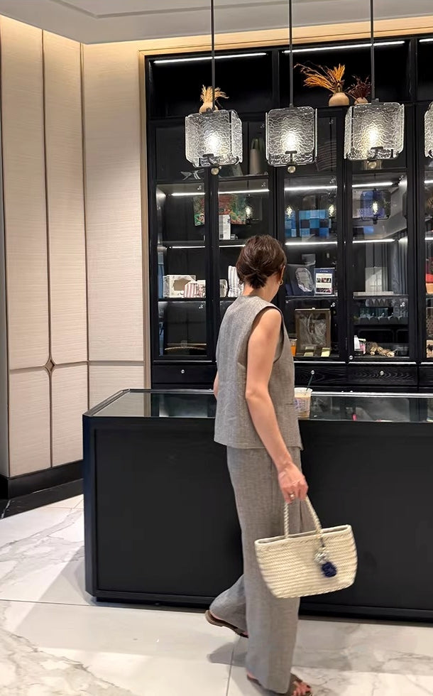 Linen Tencel Vest and Wide Leg Pants_BDHL8211